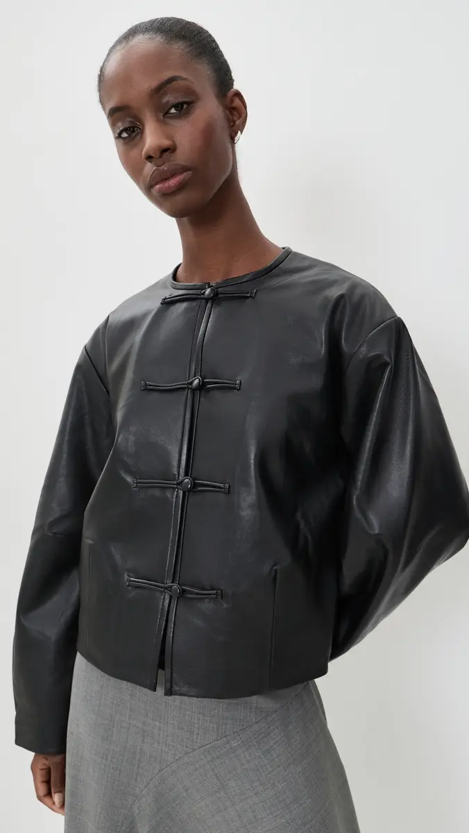 St. Agni Button Detail Cocoon Leather Jacket | Thumbnail 2