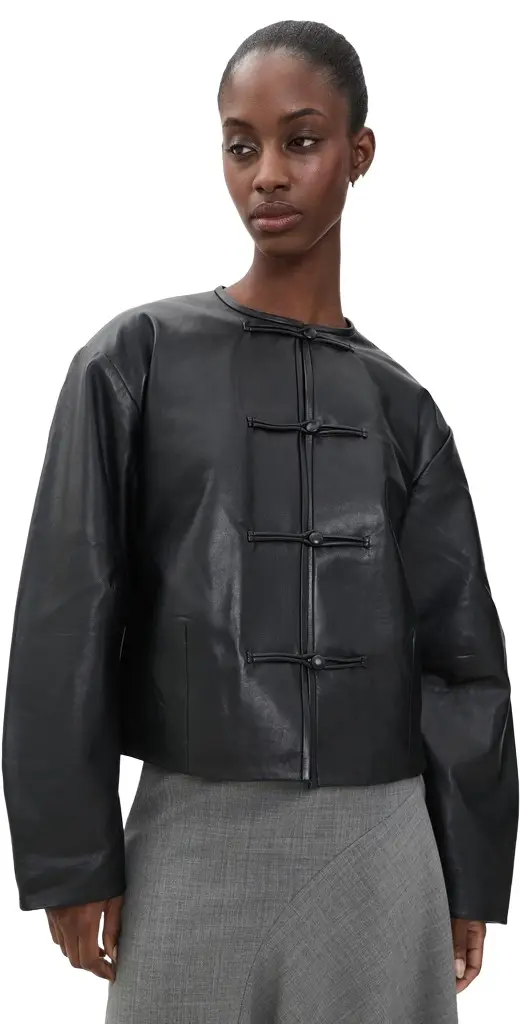 Button Detail Cocoon Leather Jacket