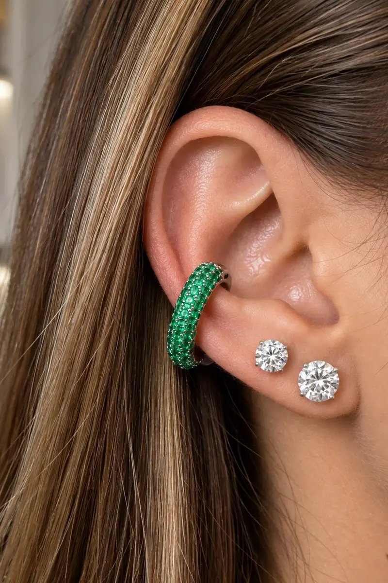 Wish Fine Jewelry 0.90ct Emerald 18K Gold Pave Statement Ear Cuff | Thumbnail 3 Wish Fine Jewelry 0.90ct Emerald 18K Gold Pave Statement Ear Cuff | Thumbnail 3
