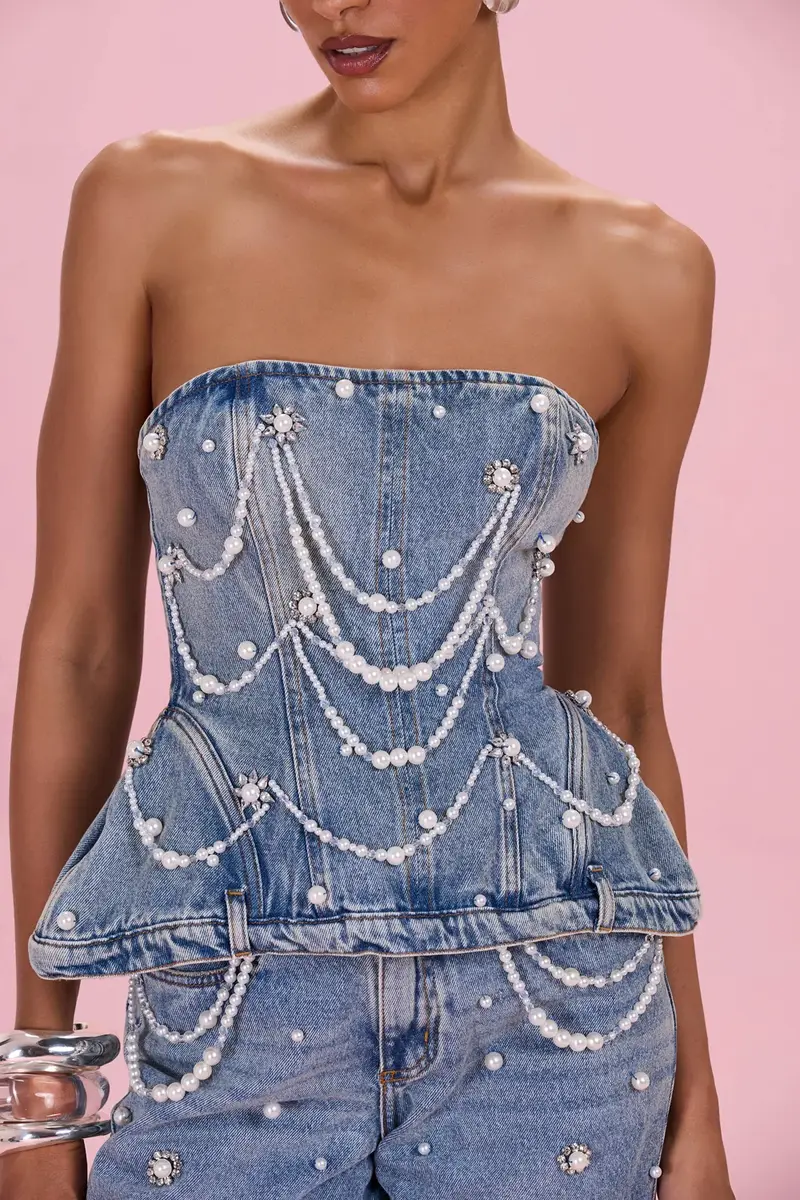 PatBo CRYSTAL DENIM EMBROIDERED TOP