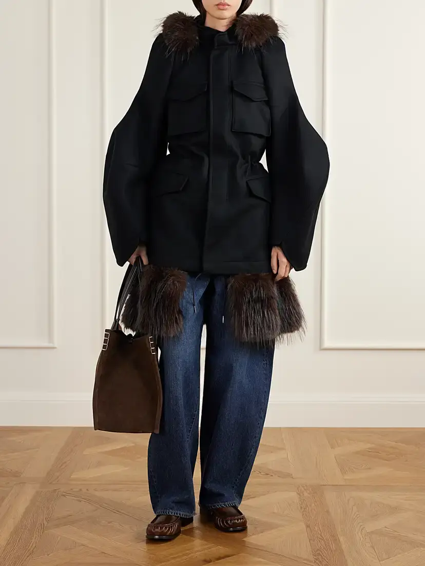 Sacai Padded Plush-trimmed Wool Coat | Thumbnail 2