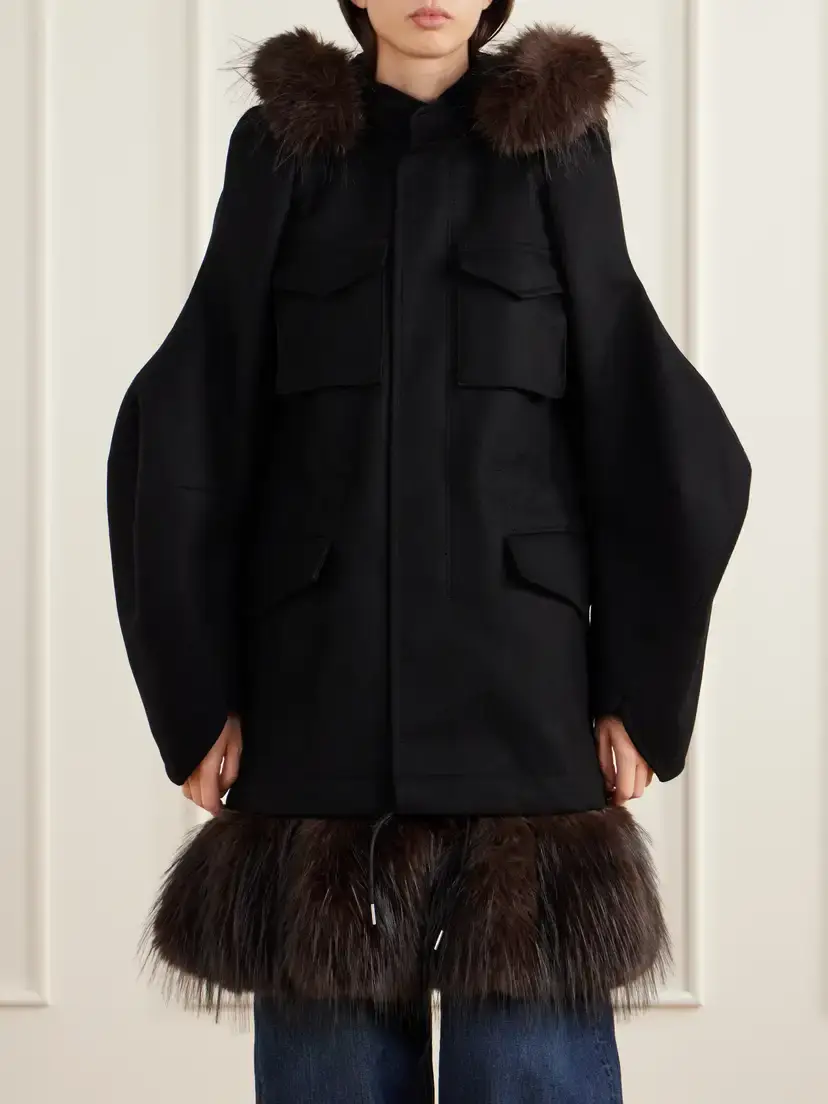 Sacai Padded Plush-trimmed Wool Coat | Thumbnail 3