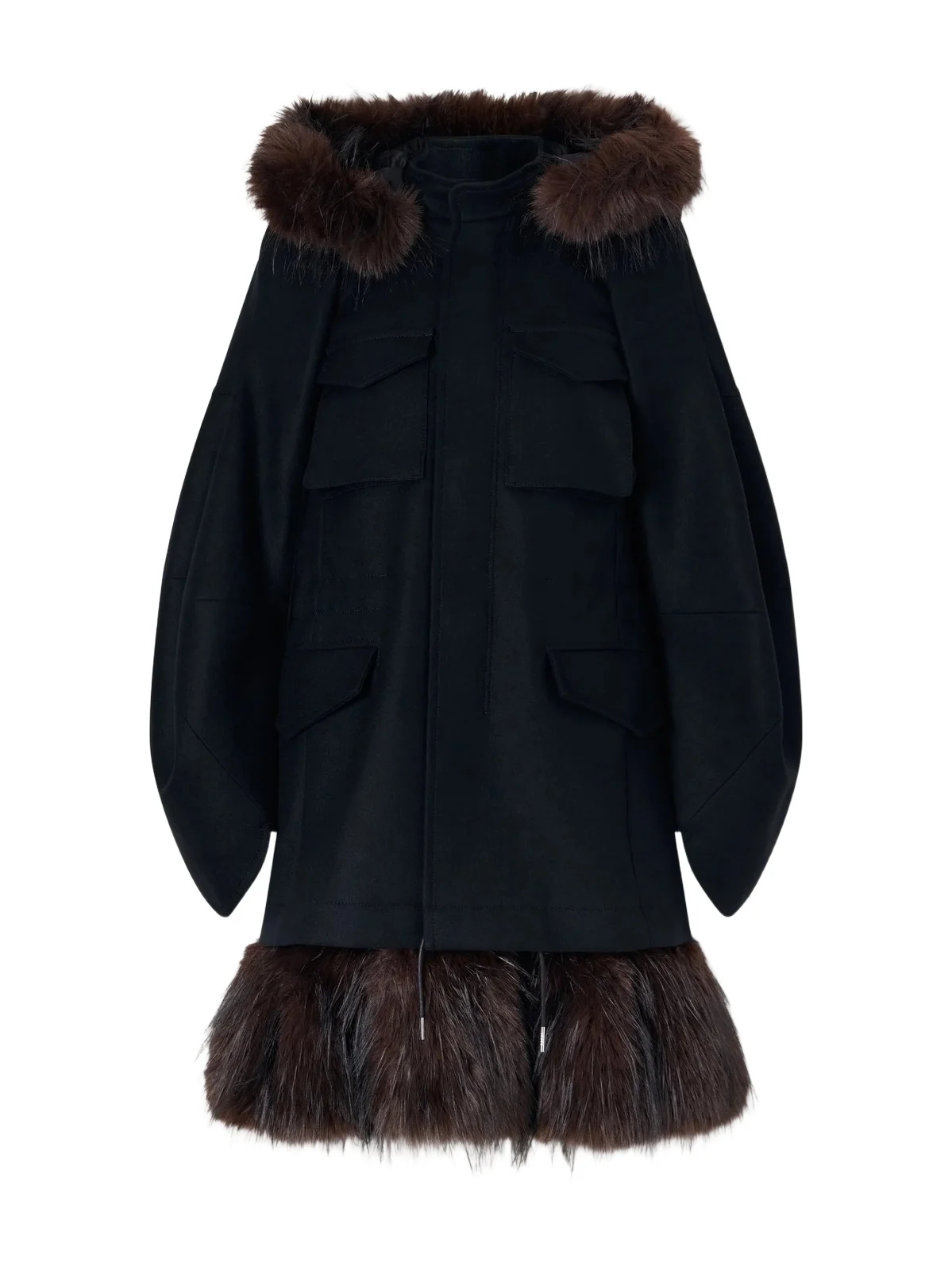 Sacai Padded Plush-trimmed Wool Coat