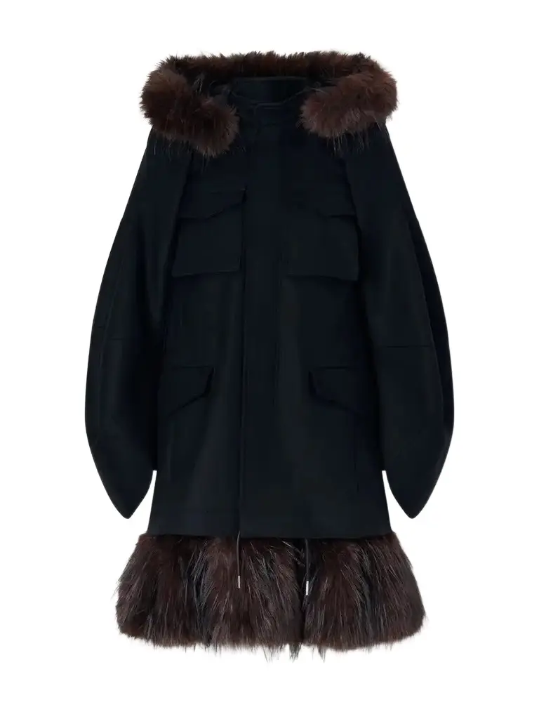 Sacai Padded Plush-trimmed Wool Coat