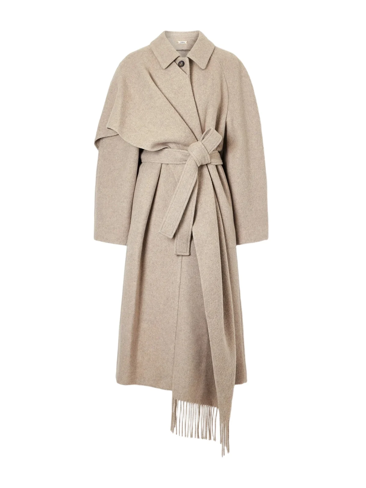 OSSOU Canyon Belted Scarf-detailed Fringed Wool-blend Coat