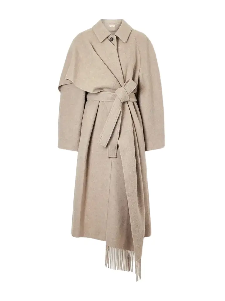 OSSOU Canyon Belted Scarf-detailed Fringed Wool-blend Coat