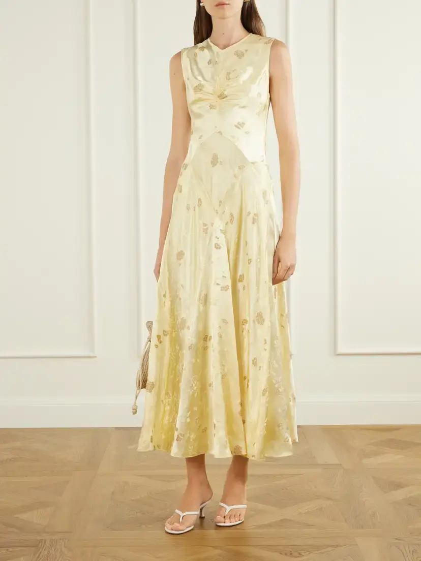 DÔEN Ginette Paneled Floral Satin-jacquard Midi Dress | Thumbnail 2 DÔEN Ginette Paneled Floral Satin-jacquard Midi Dress | Thumbnail 2