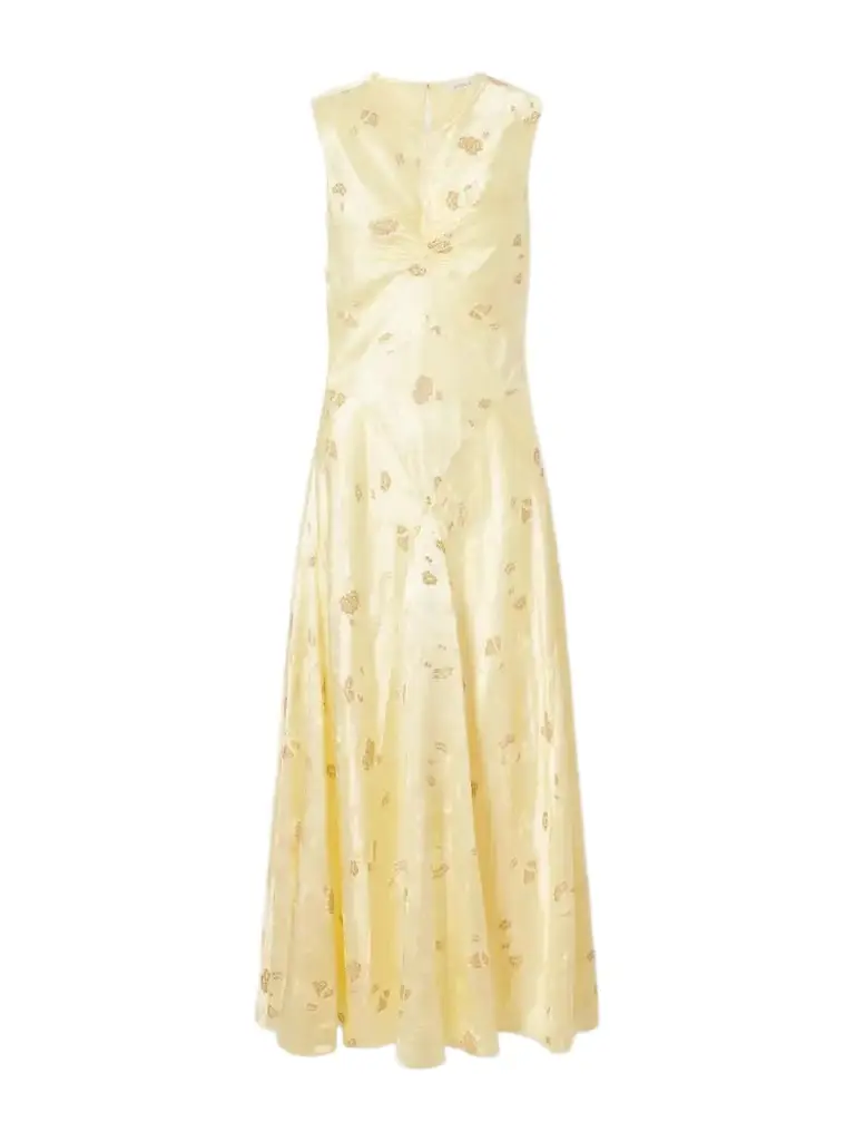 DÔEN Ginette Paneled Floral Satin-jacquard Midi Dress