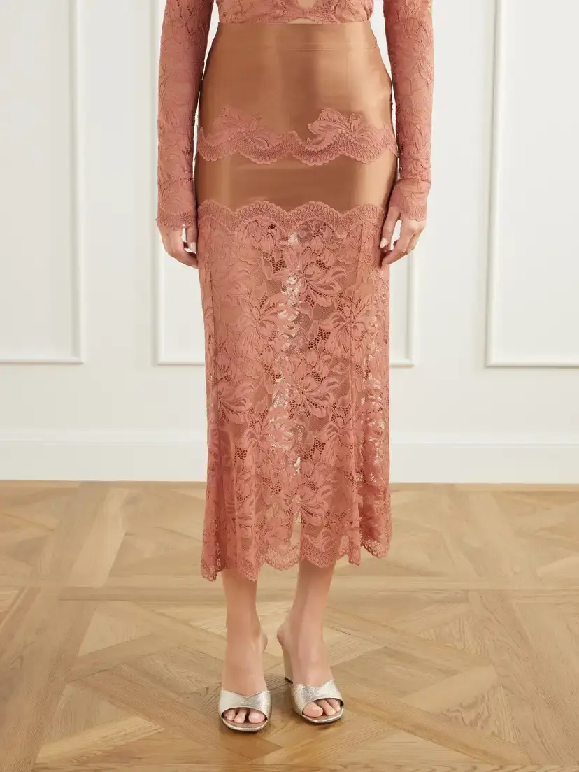 Rabanne Lace-trimmed Stretch-satin Midi Skirt | Thumbnail 3