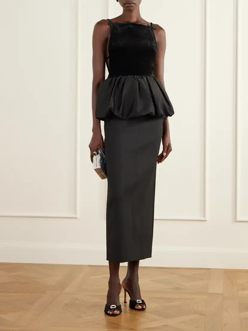 Self-Portrait Bow-detailed Peplum Satin-trimmed Velvet Top | Thumbnail 2 Self-Portrait Bow-detailed Peplum Satin-trimmed Velvet Top | Thumbnail 2