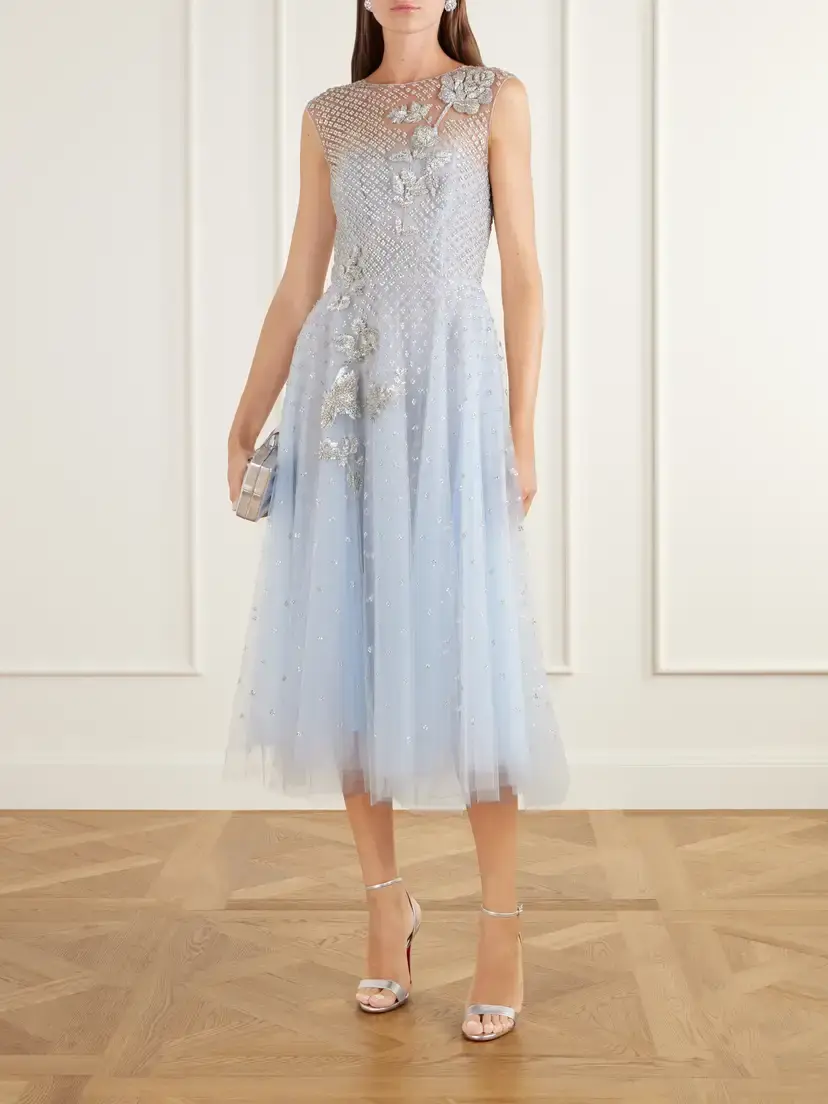 Oscar de la Renta Layered Crystal-embellished Organza And Tulle Midi Dress | Thumbnail 2 Oscar de la Renta Layered Crystal-embellished Organza And Tulle Midi Dress | Thumbnail 2