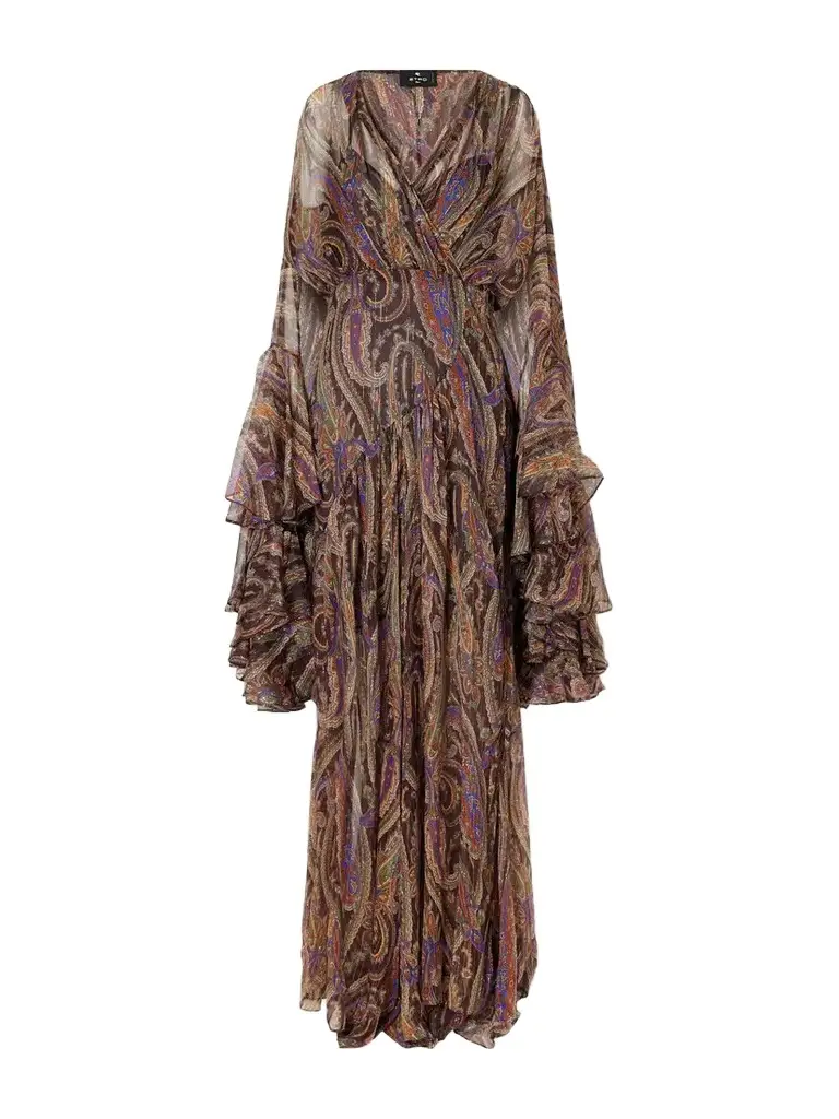 Draped Ruffled Printed Metallic Silk-blend Crepon Maxi Dress