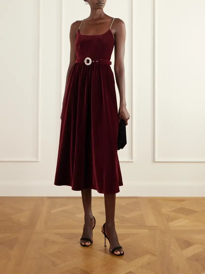 Borgo de Nor Arden Belted Pleated Crystal-embellished Velvet Midi Dress | Thumbnail 2 Borgo de Nor Arden Belted Pleated Crystal-embellished Velvet Midi Dress | Thumbnail 2