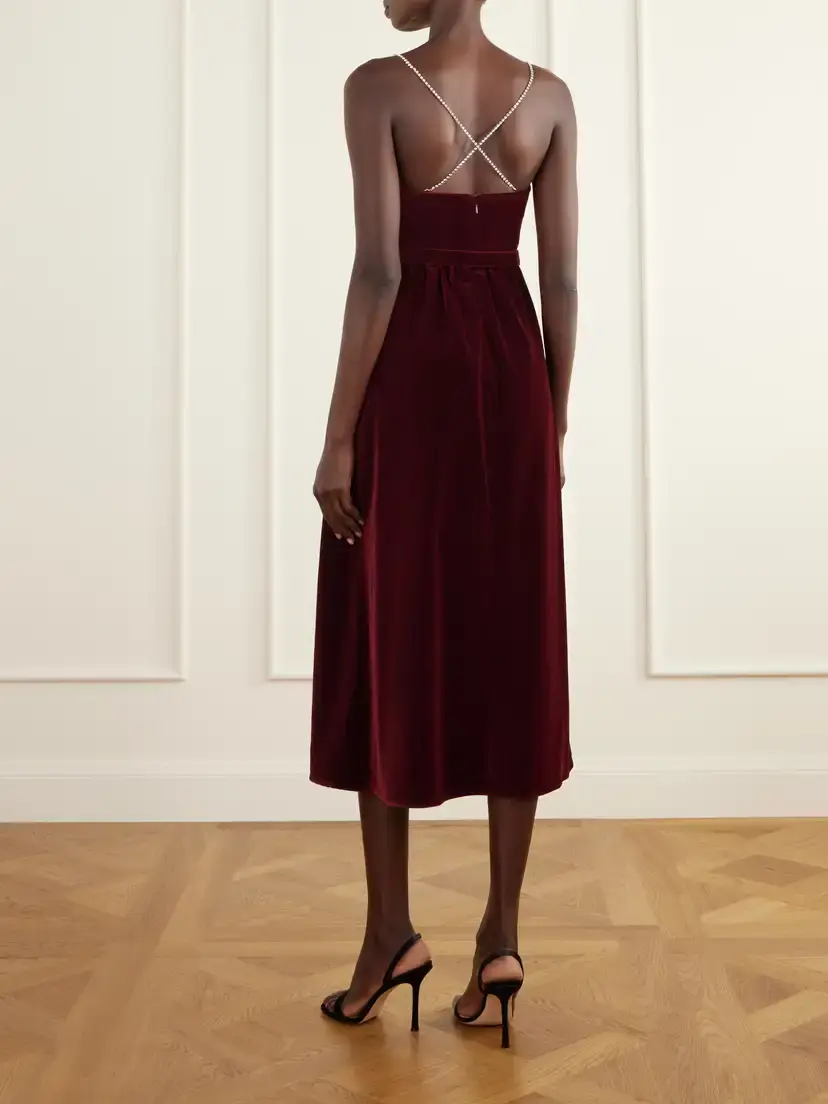 Borgo de Nor Arden Belted Pleated Crystal-embellished Velvet Midi Dress | Thumbnail 3 Borgo de Nor Arden Belted Pleated Crystal-embellished Velvet Midi Dress | Thumbnail 3