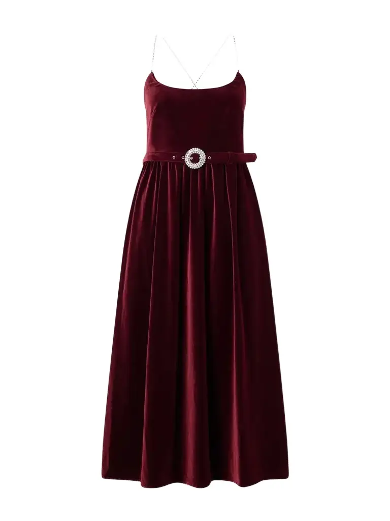 Arden Belted Pleated Crystal-embellished Velvet Midi Dress