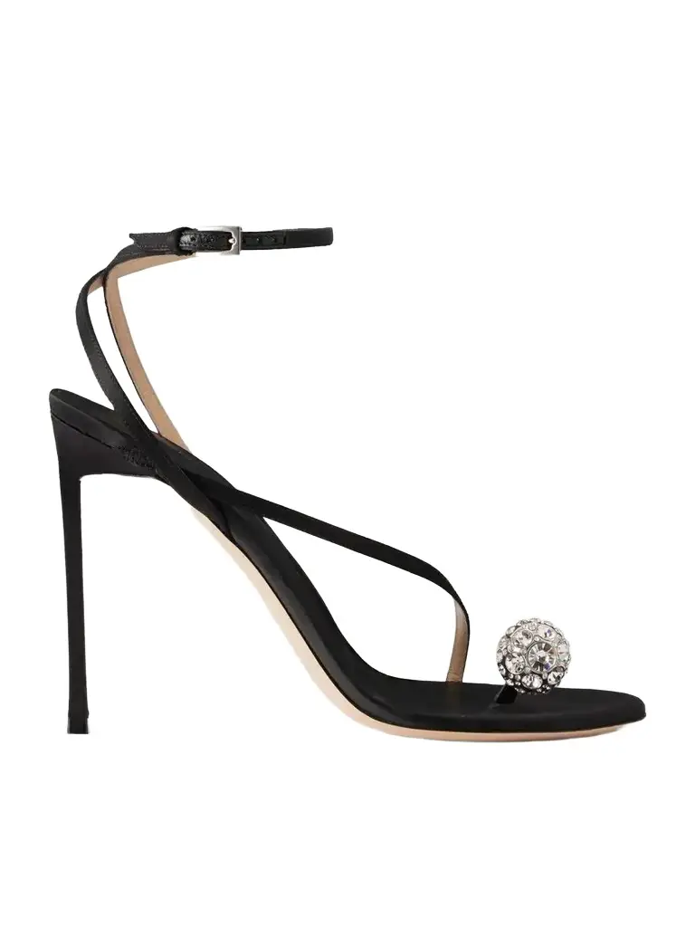 Crystal-embellished Leather-trimmed Satin Sandals Crystal-embellished Leather-trimmed Satin Sandals