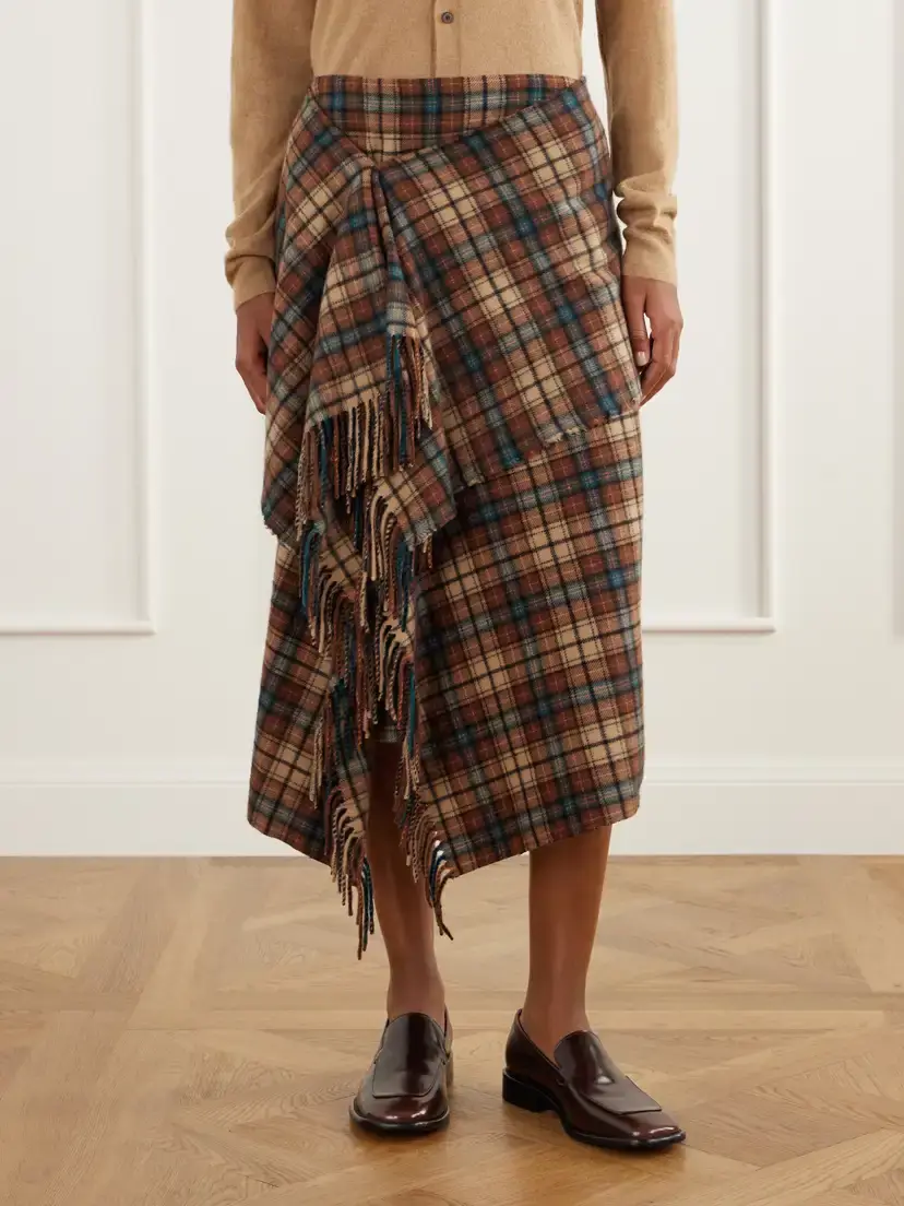 Auralee Asymmetric Fringed Checked Cashmere Wrap Midi Skirt | Thumbnail 3 Auralee Asymmetric Fringed Checked Cashmere Wrap Midi Skirt | Thumbnail 3