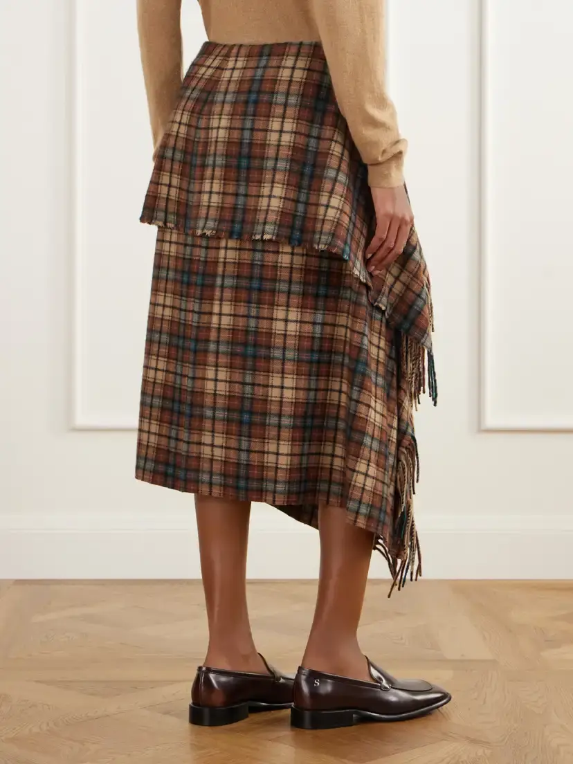 Auralee Asymmetric Fringed Checked Cashmere Wrap Midi Skirt | Thumbnail 4 Auralee Asymmetric Fringed Checked Cashmere Wrap Midi Skirt | Thumbnail 4