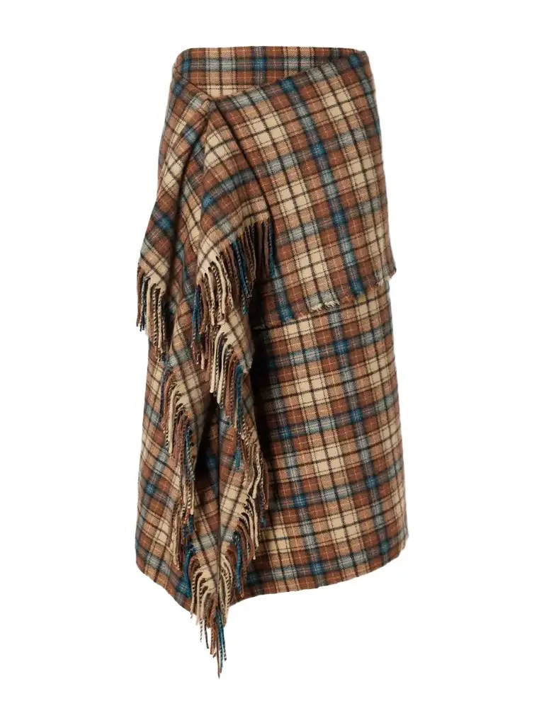 Asymmetric Fringed Checked Cashmere Wrap Midi Skirt
