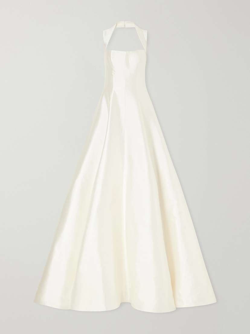 Danielle Frankel Liz Halterneck Beaded Wool And Silk-blend Twill Bustier Gown