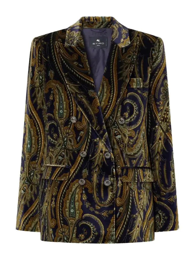 Double-breasted Printed Cotton-blend Velvet Blazer