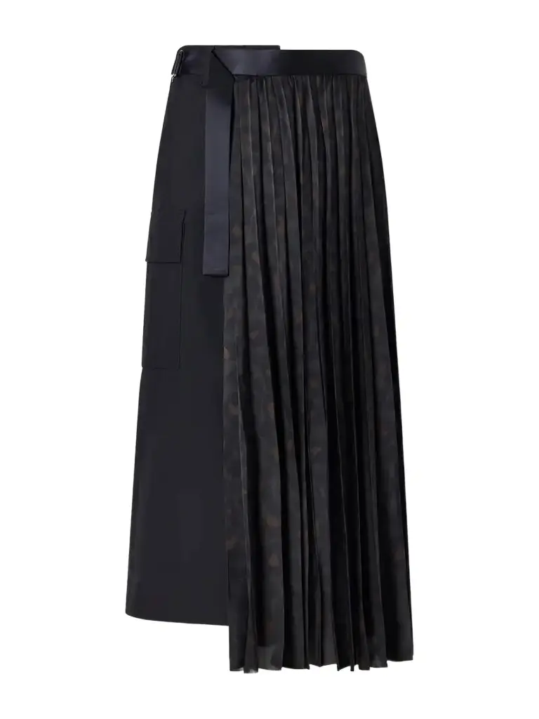 Sacai Pleated Leopard-print Jersey And Satin Midi Skirt
