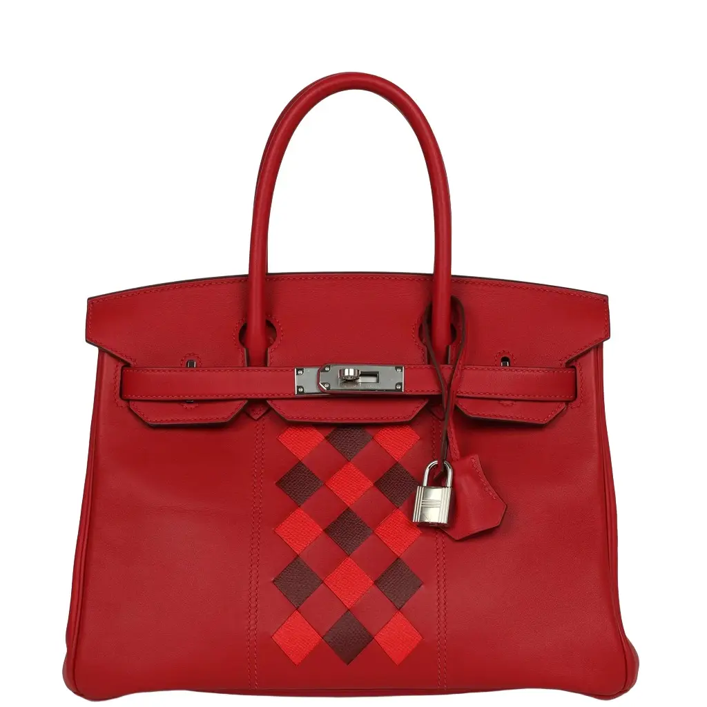 HERMÈS Pre-owned Hermes Birkin 30 Tressage De Cuir Rouge Piment Swift, Rouge H, Rouge De Coeur Epsom Palladium Hardware