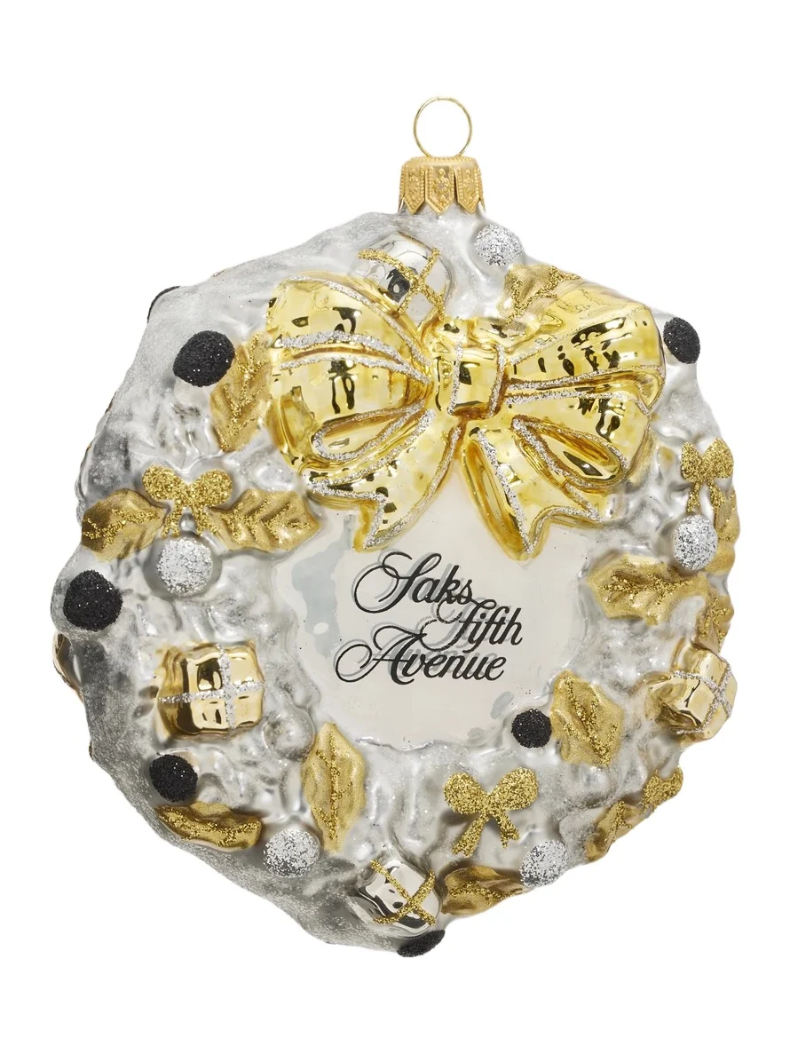 Saks Fifth Avenue Wreath With Presents Glass Ornament