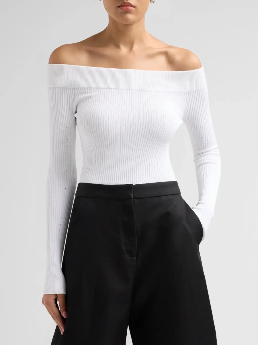Alaïa Women's Off-The-Shoulder Long-Sleeve Rib-Knit Bodysuit | Thumbnail 4