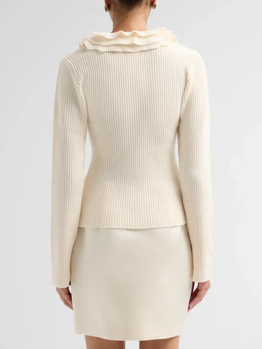 Ganni Women's Rib-Knit Merino Wool Frill Long-Sleeve Top | Thumbnail 3