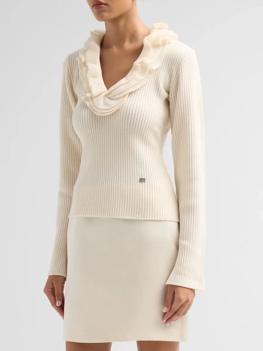 Ganni Women's Rib-Knit Merino Wool Frill Long-Sleeve Top | Thumbnail 4
