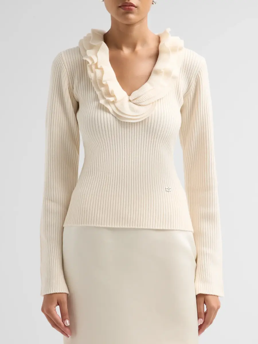 Ganni Women's Rib-Knit Merino Wool Frill Long-Sleeve Top | Thumbnail 5