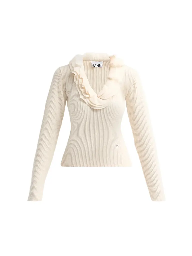 Ganni Women's Rib-Knit Merino Wool Frill Long-Sleeve Top