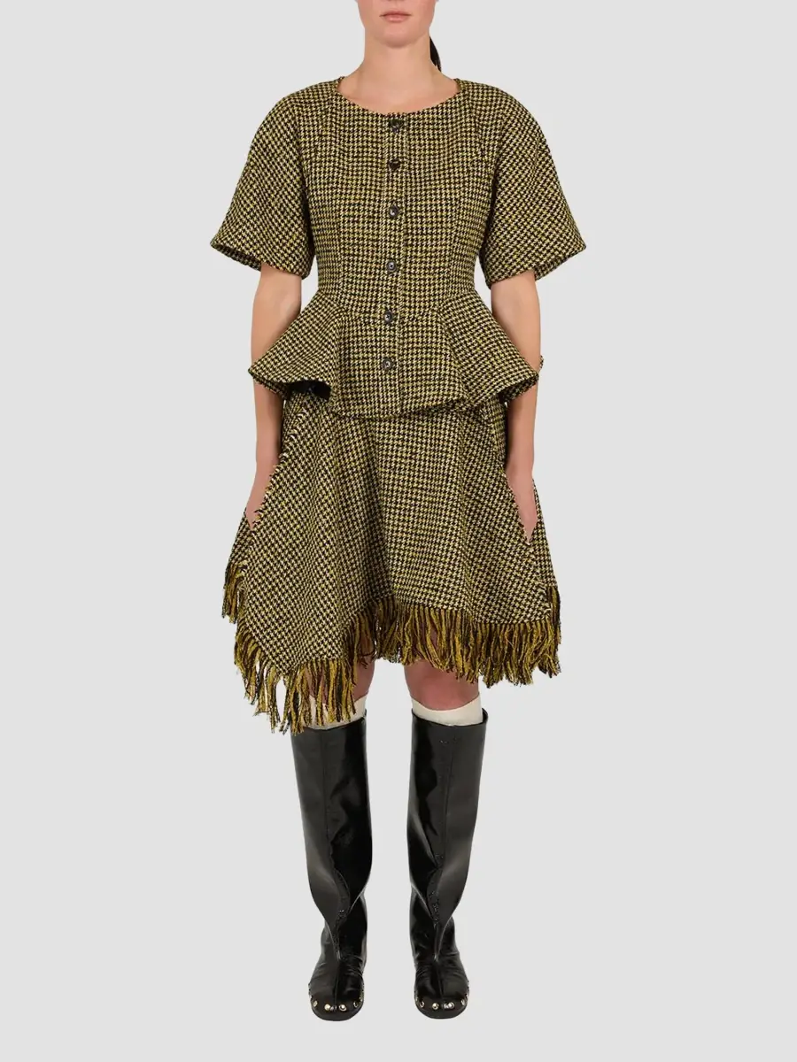 Ganni Women's Fringed Houndstooth Asymmetric Mini Skirt | Thumbnail 2
