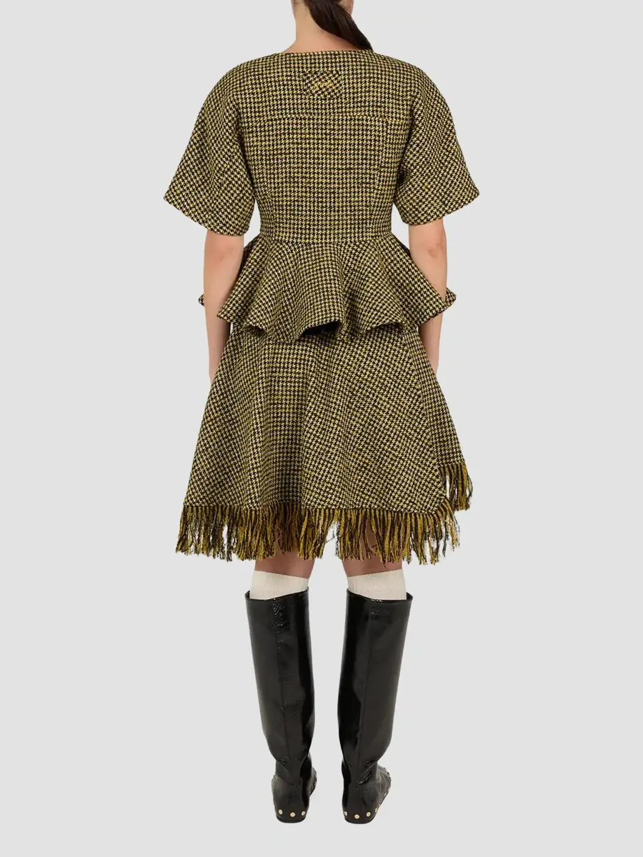 Ganni Women's Fringed Houndstooth Asymmetric Mini Skirt | Thumbnail 3