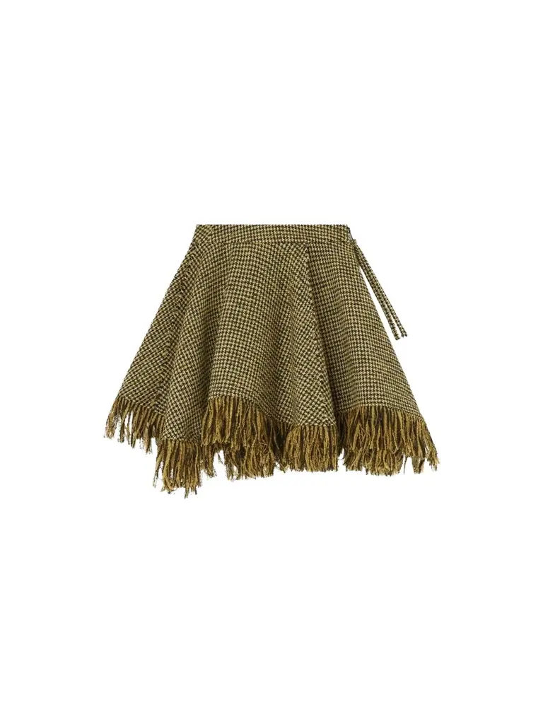 Ganni Women's Fringed Houndstooth Asymmetric Mini Skirt