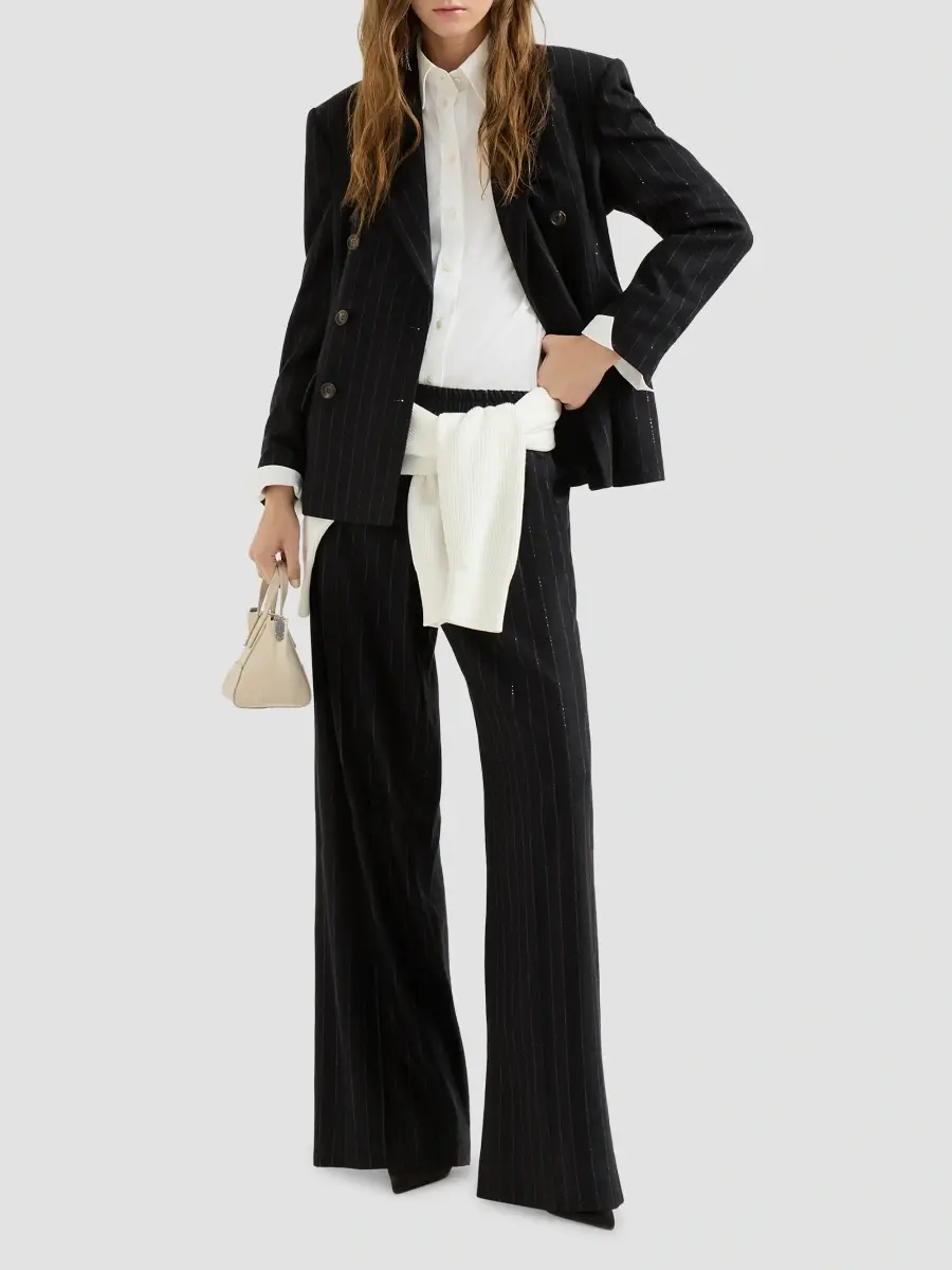 Brunello Cucinelli Women's Comfort Virgin Wool Dazzling Chalk Stripe Loose Track Trousers | Thumbnail 2 Brunello Cucinelli Women's Comfort Virgin Wool Dazzling Chalk Stripe Loose Track Trousers | Thumbnail 2