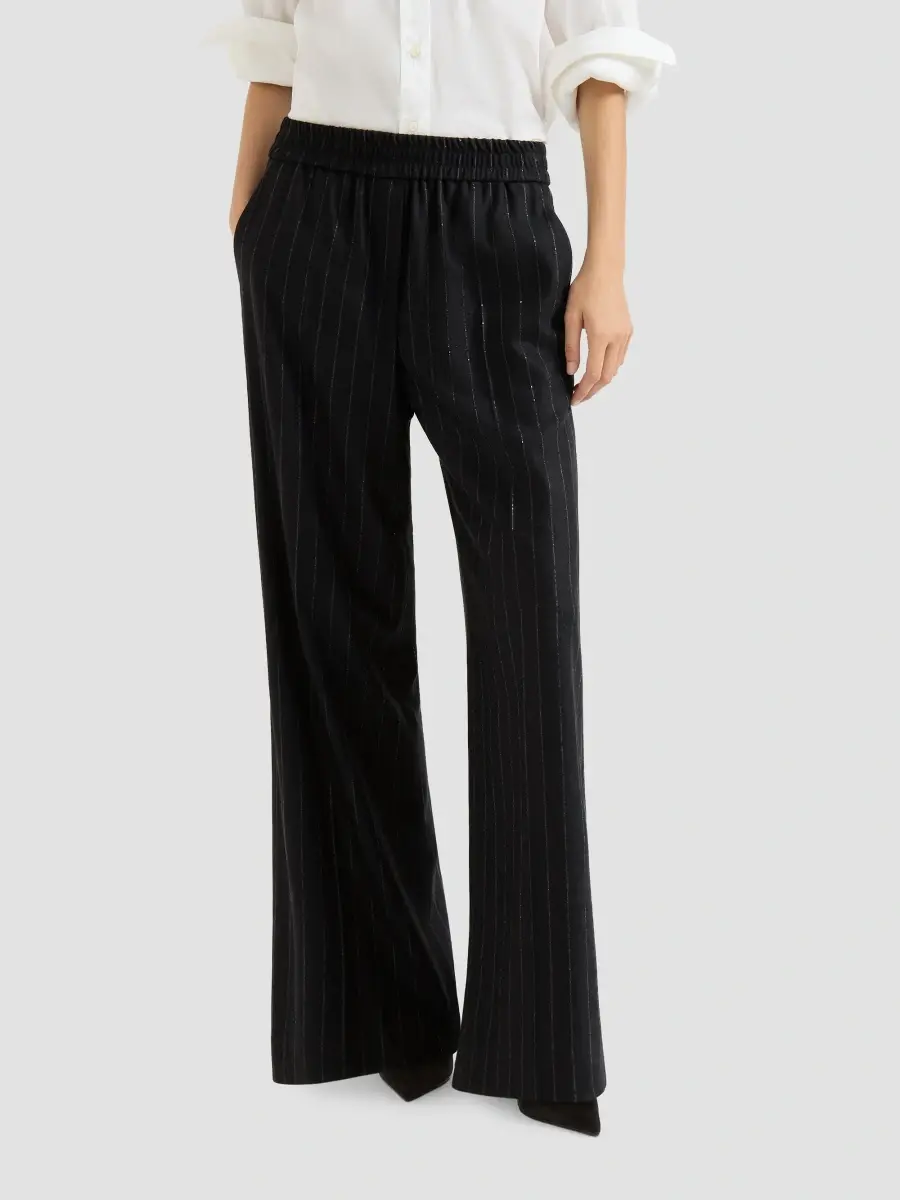 Brunello Cucinelli Women's Comfort Virgin Wool Dazzling Chalk Stripe Loose Track Trousers | Thumbnail 3 Brunello Cucinelli Women's Comfort Virgin Wool Dazzling Chalk Stripe Loose Track Trousers | Thumbnail 3