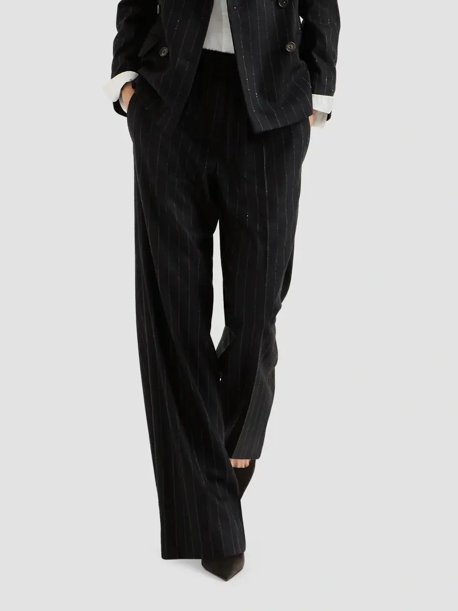 Brunello Cucinelli Women's Comfort Virgin Wool Dazzling Chalk Stripe Loose Track Trousers | Thumbnail 5 Brunello Cucinelli Women's Comfort Virgin Wool Dazzling Chalk Stripe Loose Track Trousers | Thumbnail 5