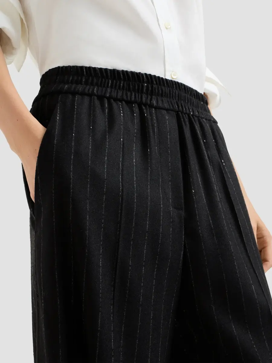 Brunello Cucinelli Women's Comfort Virgin Wool Dazzling Chalk Stripe Loose Track Trousers | Thumbnail 6 Brunello Cucinelli Women's Comfort Virgin Wool Dazzling Chalk Stripe Loose Track Trousers | Thumbnail 6
