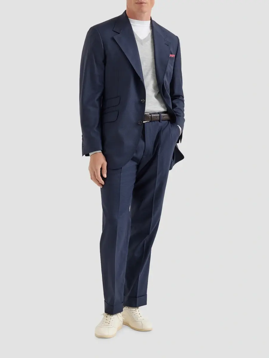 Brunello Cucinelli Men's Virgin Wool Houndstooth Trousers with Pleats - Navy Blue | Thumbnail 2