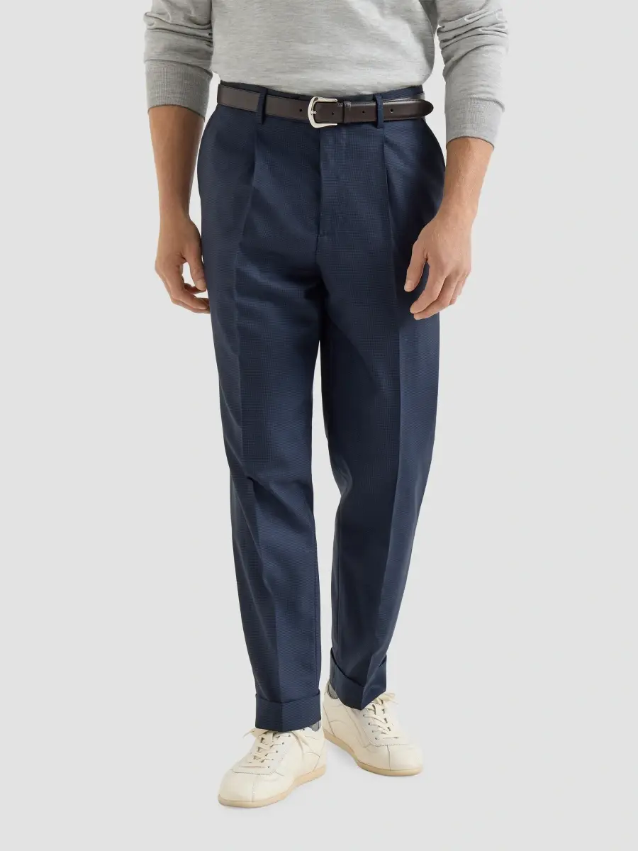 Brunello Cucinelli Men's Virgin Wool Houndstooth Trousers with Pleats - Navy Blue | Thumbnail 3