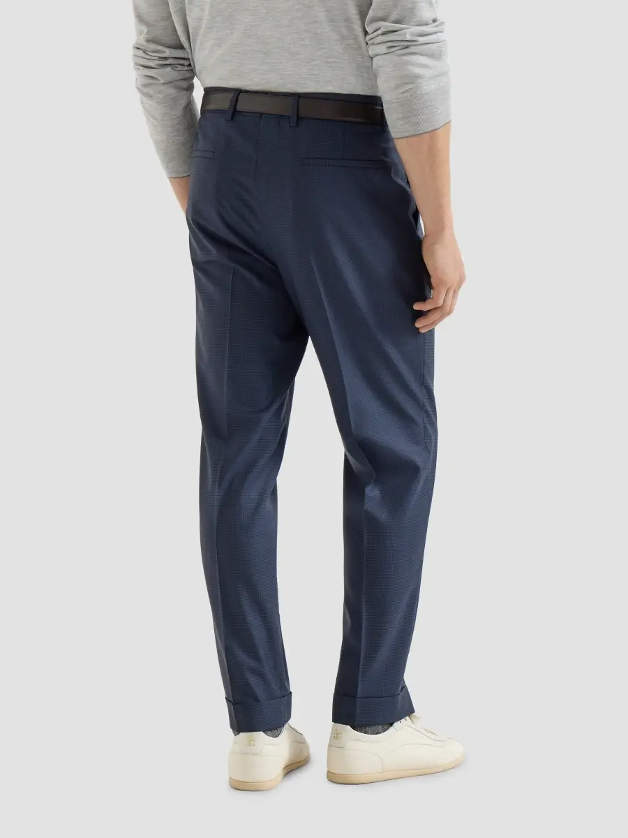 Brunello Cucinelli Men's Virgin Wool Houndstooth Trousers with Pleats - Navy Blue | Thumbnail 4