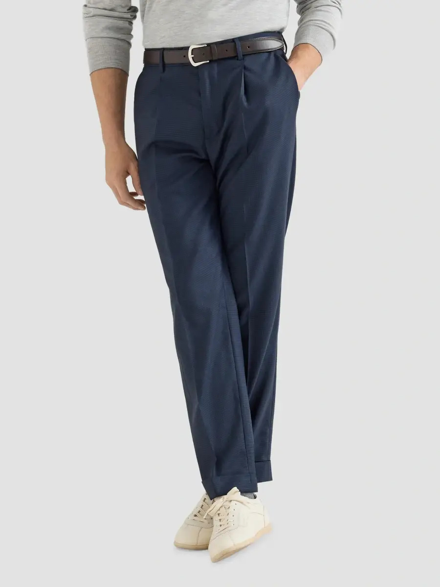 Brunello Cucinelli Men's Virgin Wool Houndstooth Trousers with Pleats - Navy Blue | Thumbnail 5