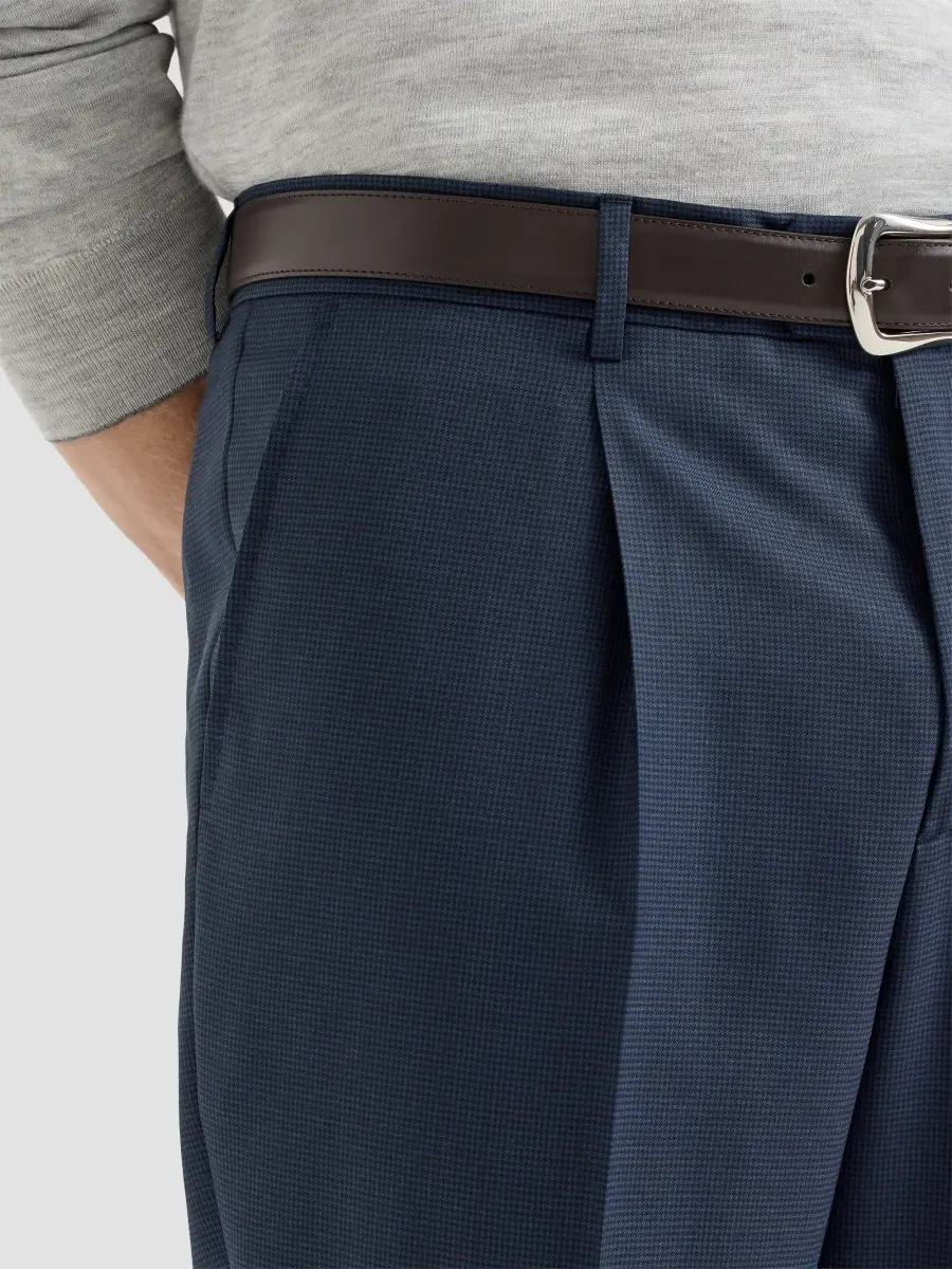 Brunello Cucinelli Men's Virgin Wool Houndstooth Trousers with Pleats - Navy Blue | Thumbnail 6