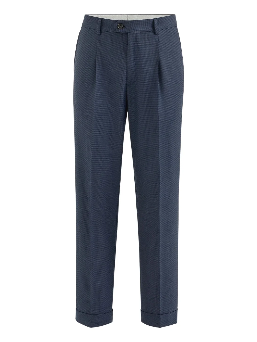 Men's Virgin Wool Houndstooth Trousers with Pleats - Navy Blue