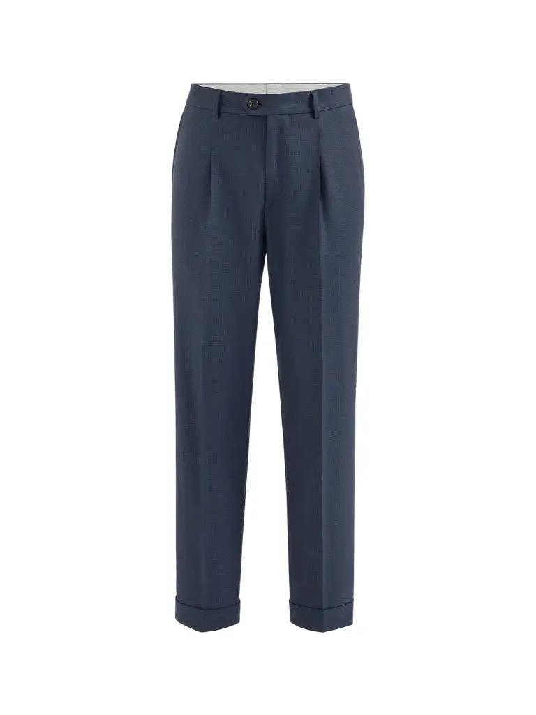 Brunello Cucinelli Men's Virgin Wool Houndstooth Trousers with Pleats - Navy Blue