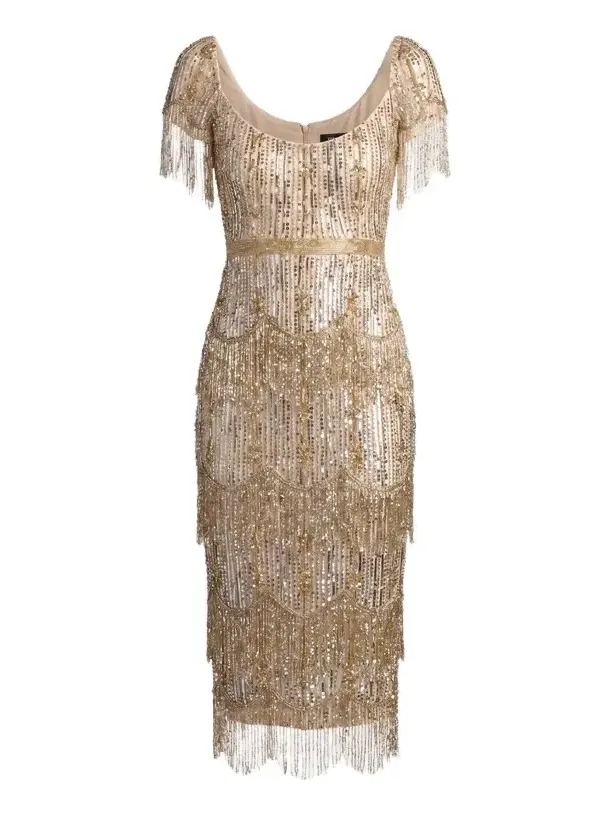 Women's Fringed Beaded Sheath Midi Dress Women's Fringed Beaded Sheath Midi Dress