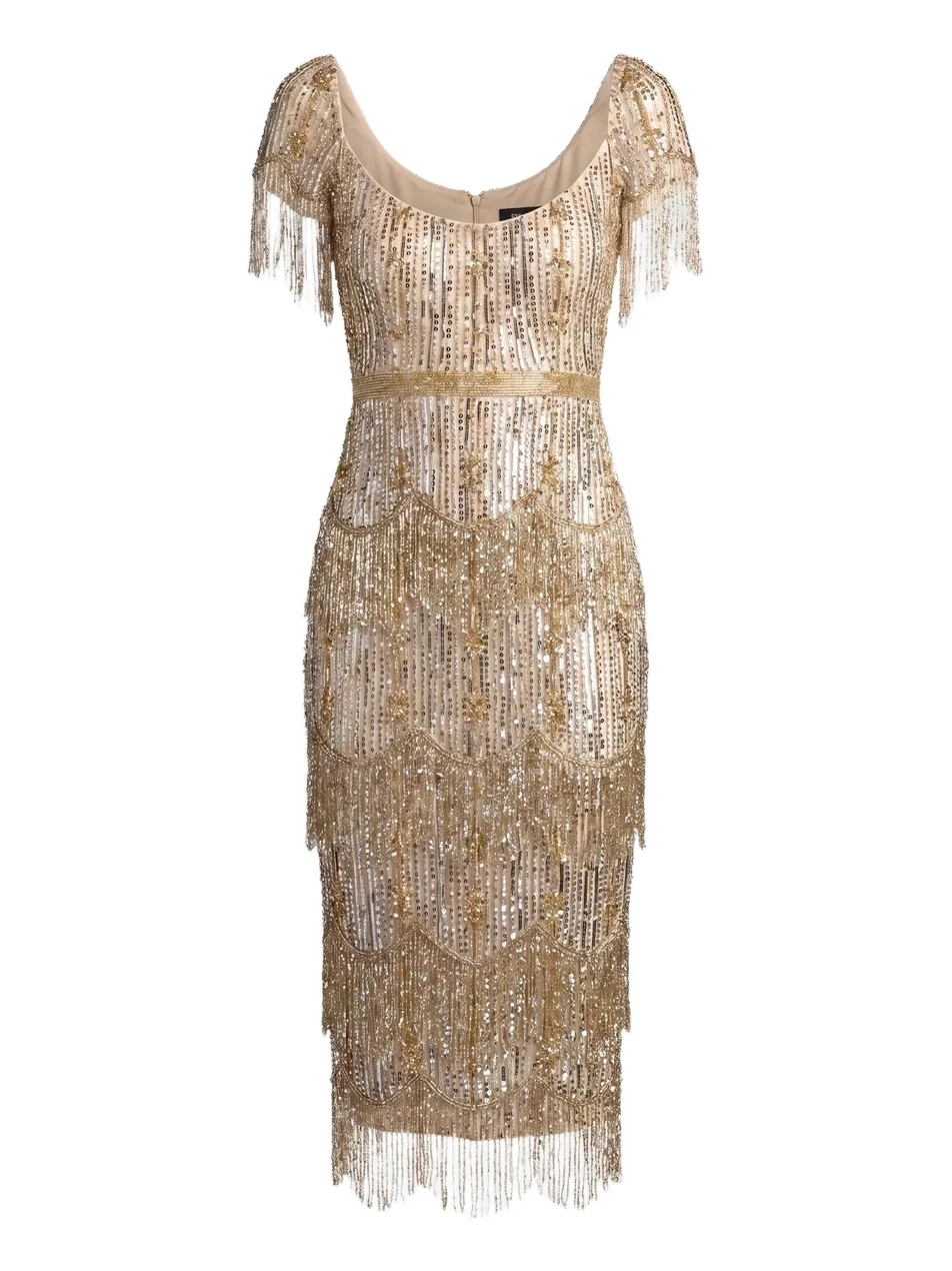 Mac Duggal Women's Fringed Beaded Sheath Midi Dress