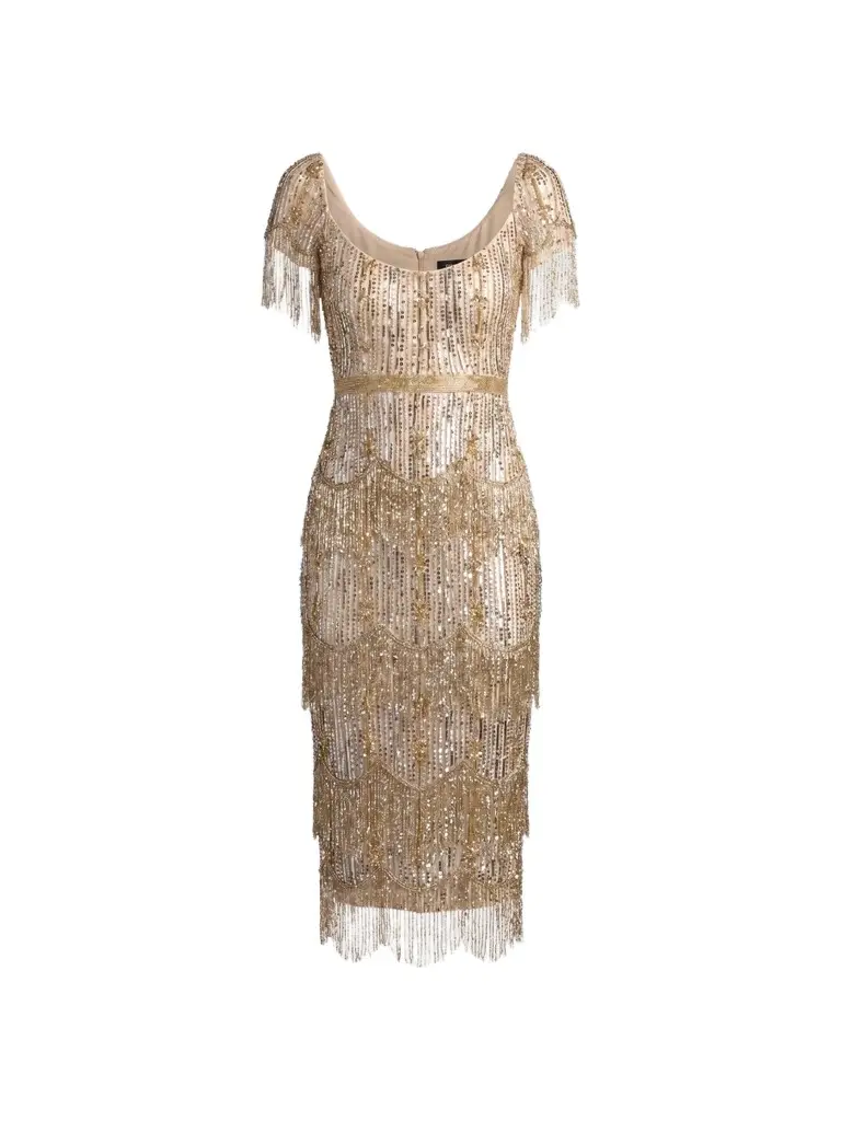 Mac Duggal Women's Fringed Beaded Sheath Midi Dress
